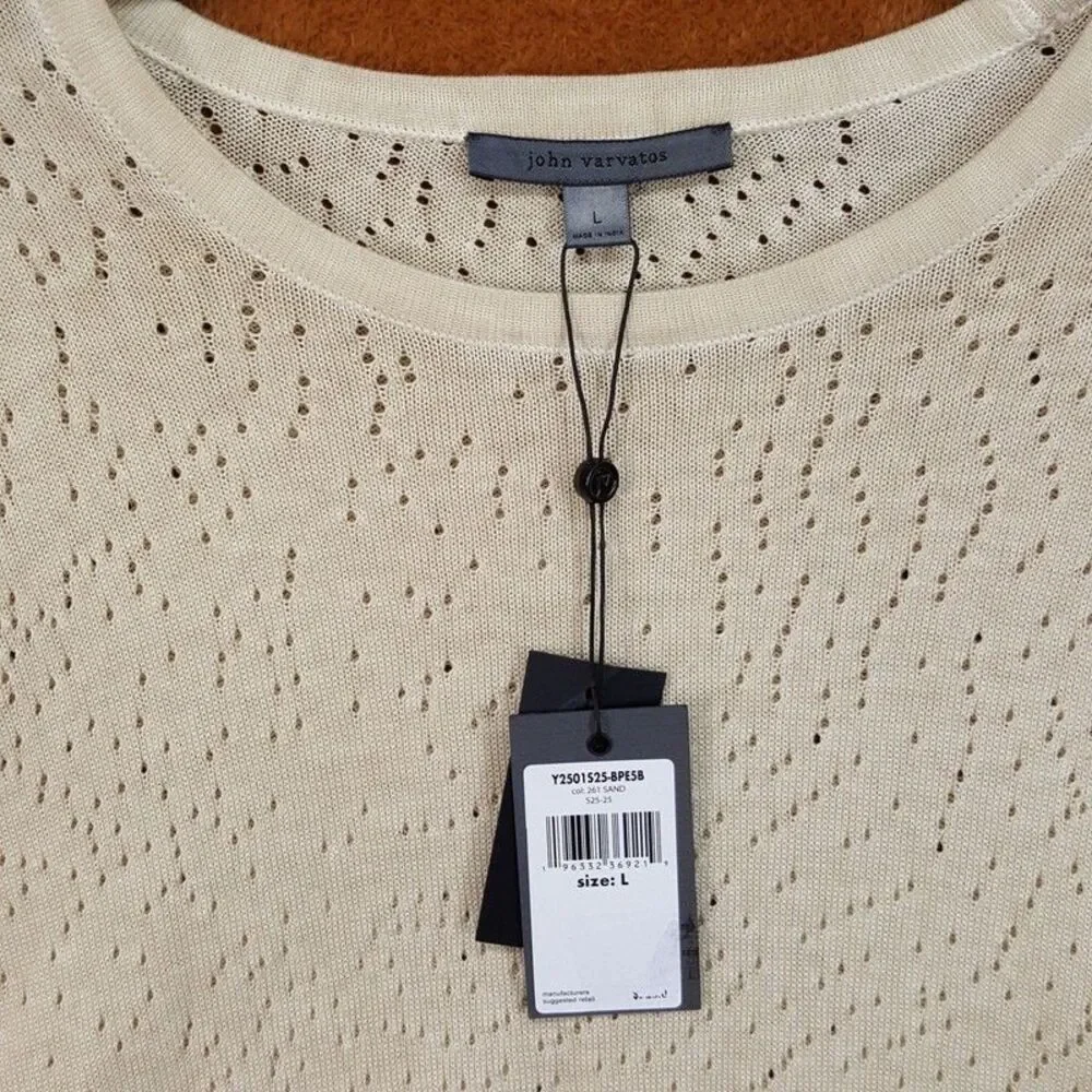 JOHN VARVATOS Mens Sweater Large Tan Pullover Crew CAMDEN Mesh Stitch Sheer $228